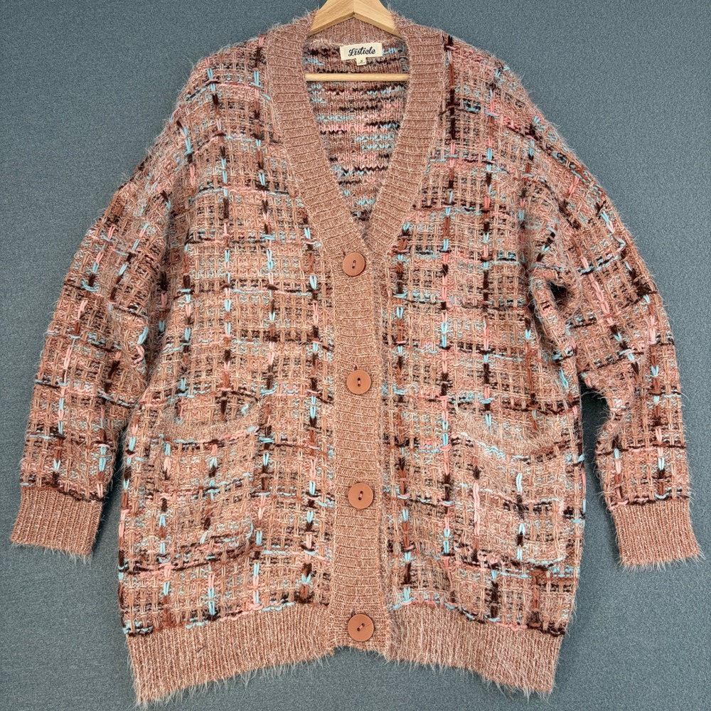Listicle Eyelash Knit Cardigan Sweater Pink Blue Fuzzy Oversized Size S